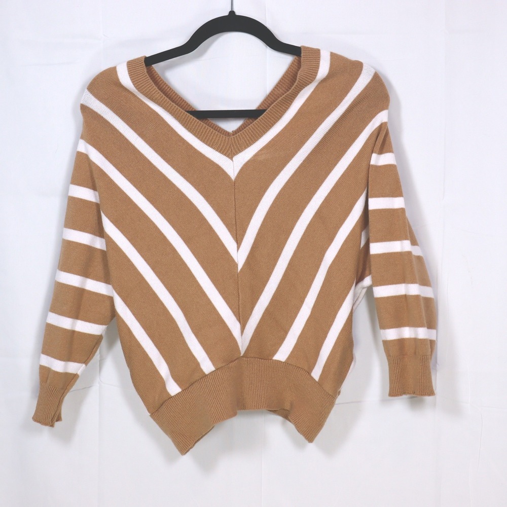 Gigi Moda Striped Sweater‎ Womens OS Camel White Batwing V-Neck Made in Italy